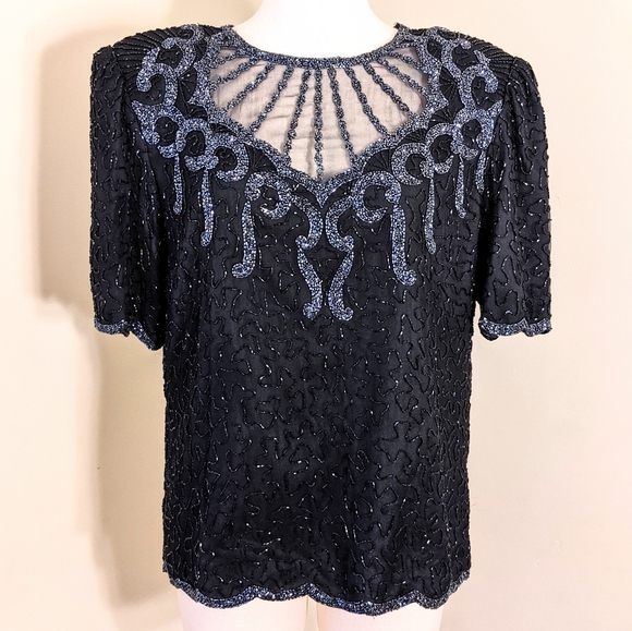 Vintage Black & Silver Beaded Top with Sheer Cut Out Neckline - Picture 1 of 6